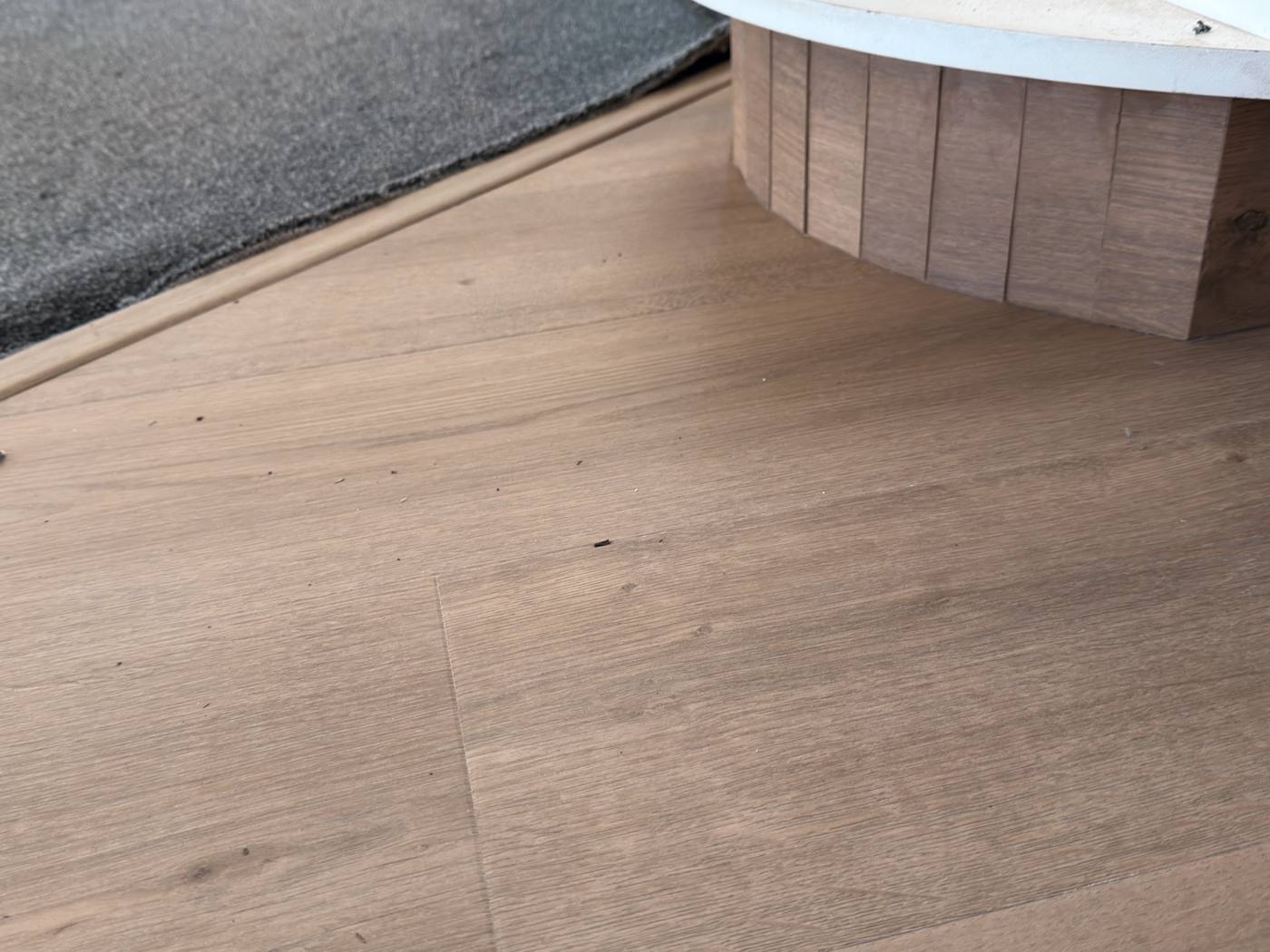 Close-up of the carpet transition strip and plank joints